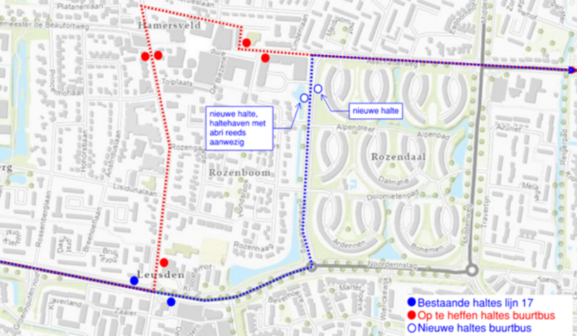 kaart met de route en 5 haltes die gaan verdwijnen en nieuwe route en haltes via de Torenakkerweg.