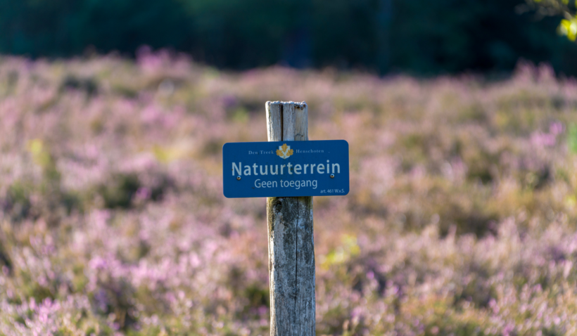 Heide op Landgoed Den Treek met bordje waarop staat: Natuurterrein, geen toegang